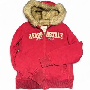 Vintage Y2K Aeropostale Red Faux-Fur Hooded Zip-Up Sweatshirt